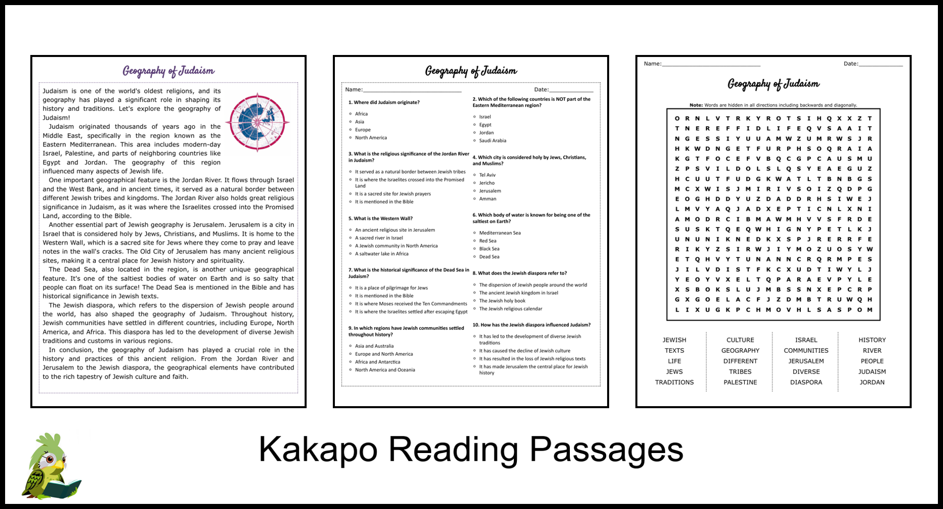 Geography Of Judaism Reading Comprehension And Word Search Teaching Resources