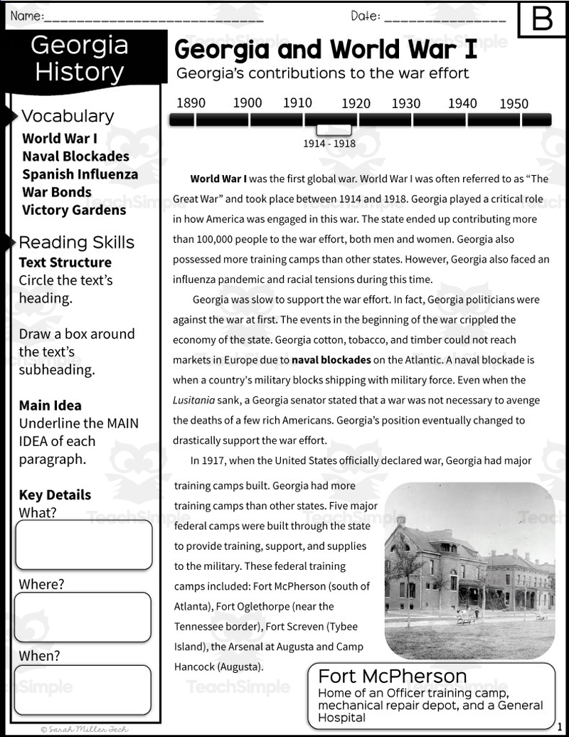 Georgia s Contribution To World War I Reading Packet By Teach Simple