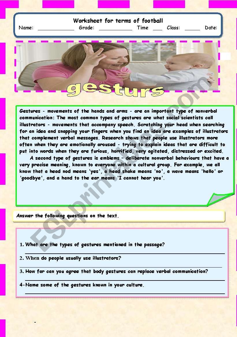 Gestures A Comprehension Passage ESL Worksheet By Adel A