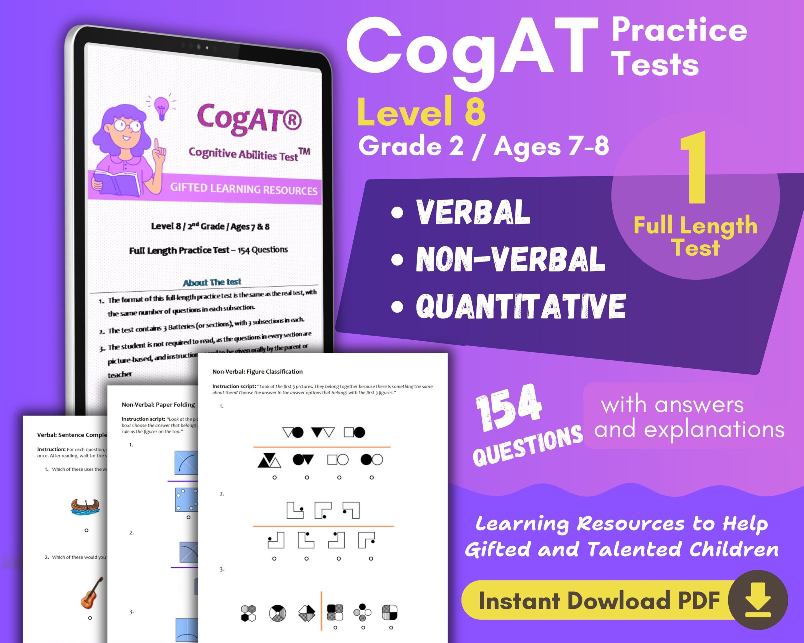 Gifted Learning Cogat Full Length Practice Test Downloadable PDF Grade 2 Prep Etsy