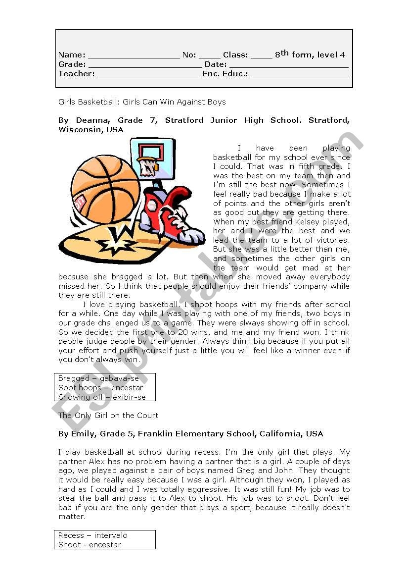 Girls Basketball ESL Worksheet By Paula esl