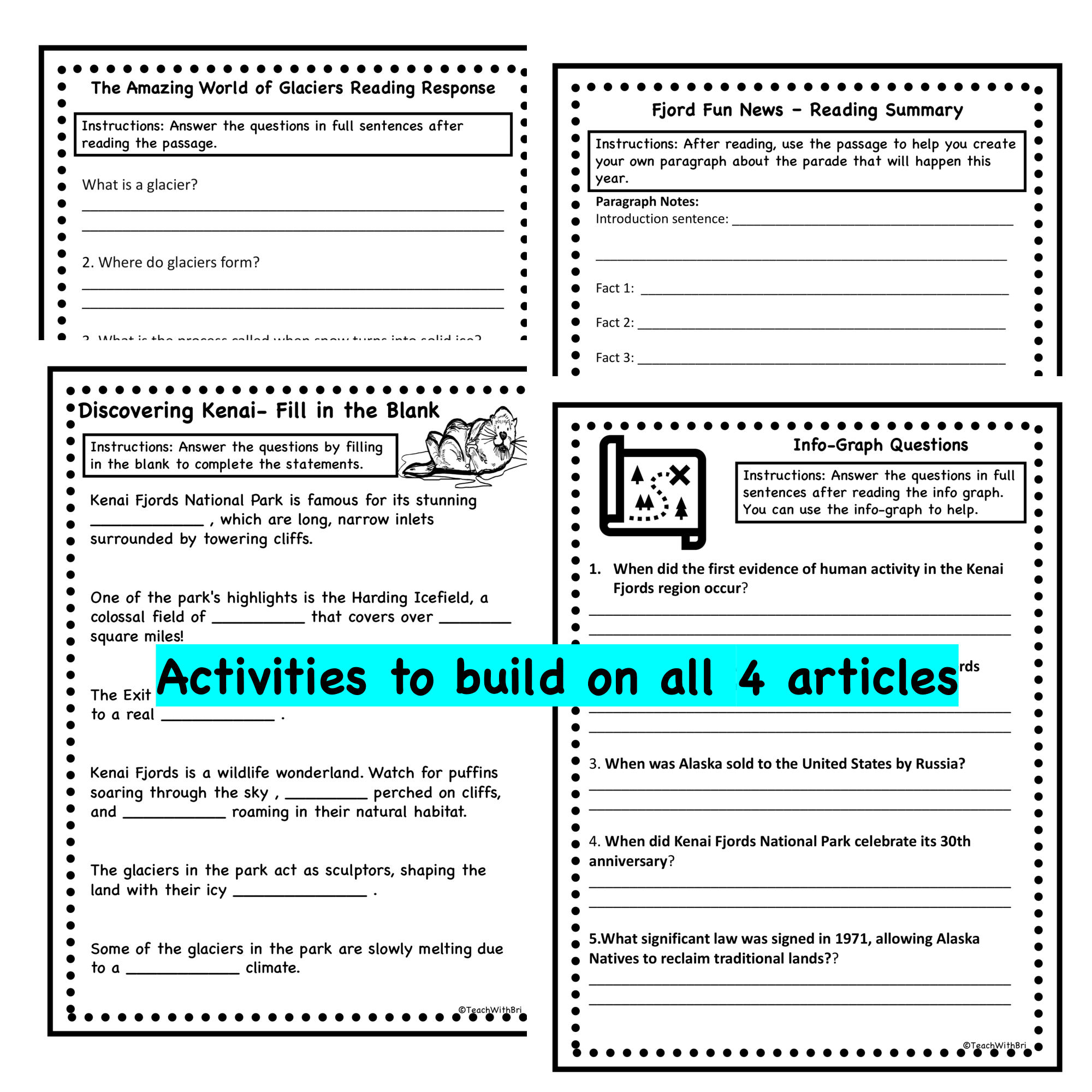 Glaciers And Kenai Fjords National Park Reading Comprehension Pack 
