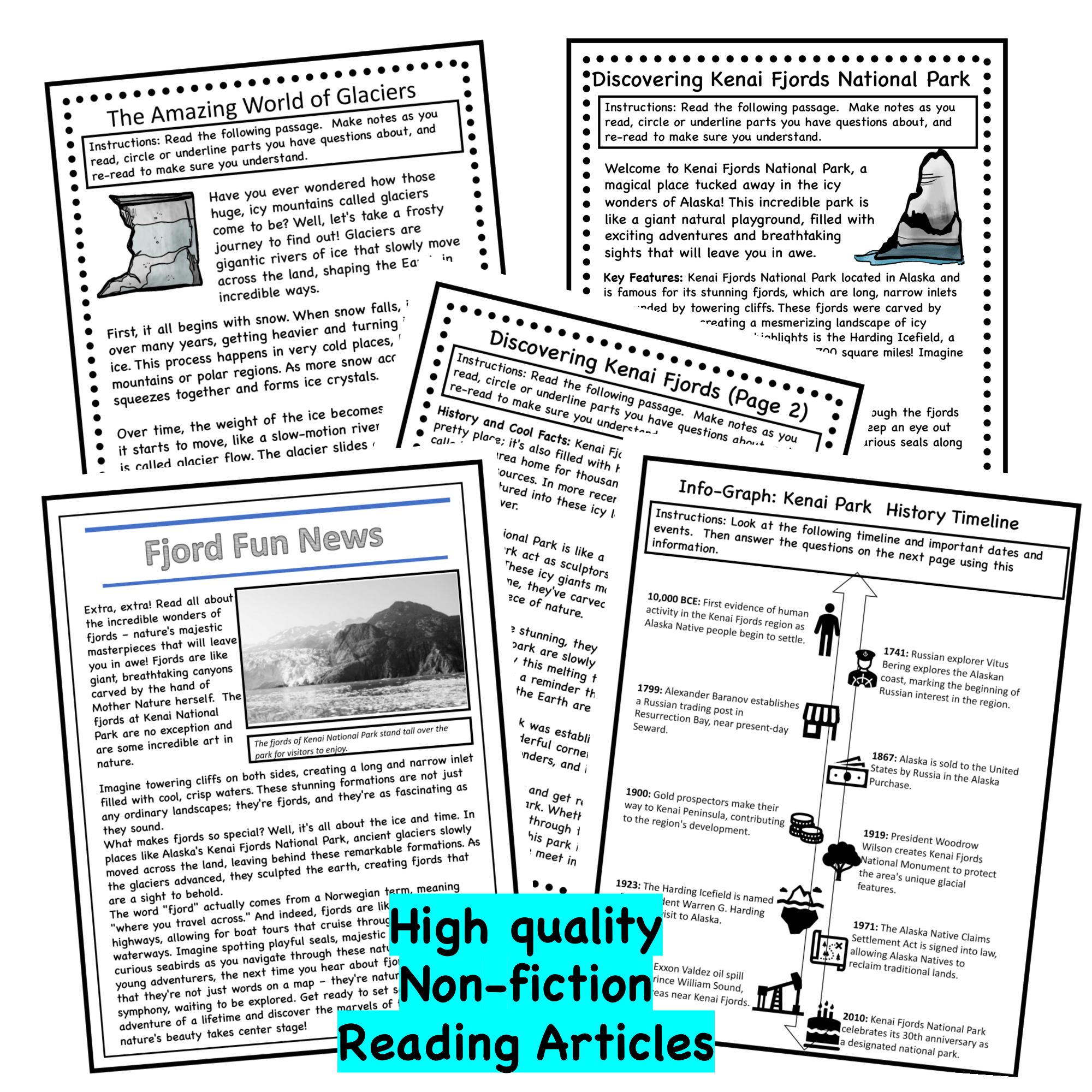 Glaciers And Kenai Fjords National Park Reading Comprehension Pack 