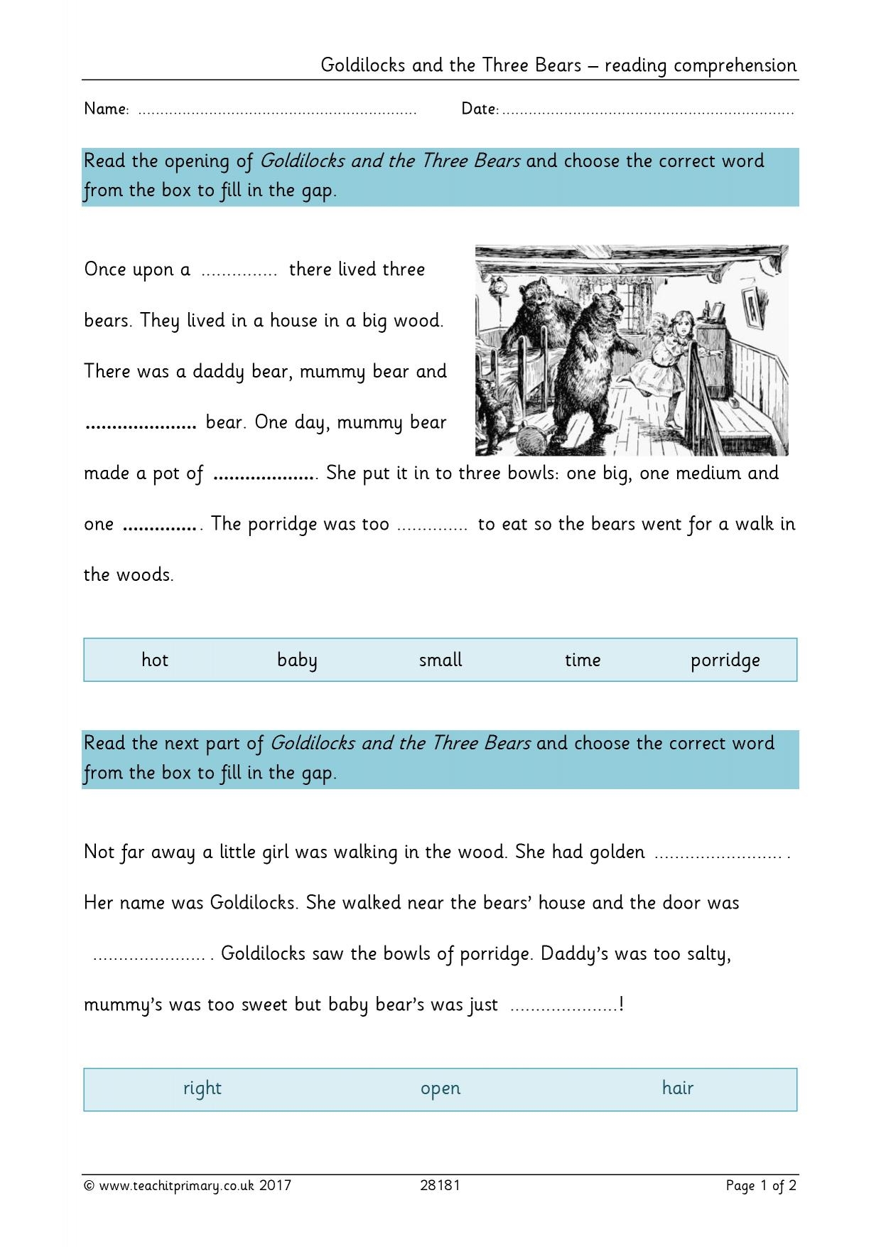 Goldilocks And The Three Bears Reading Comprehension 