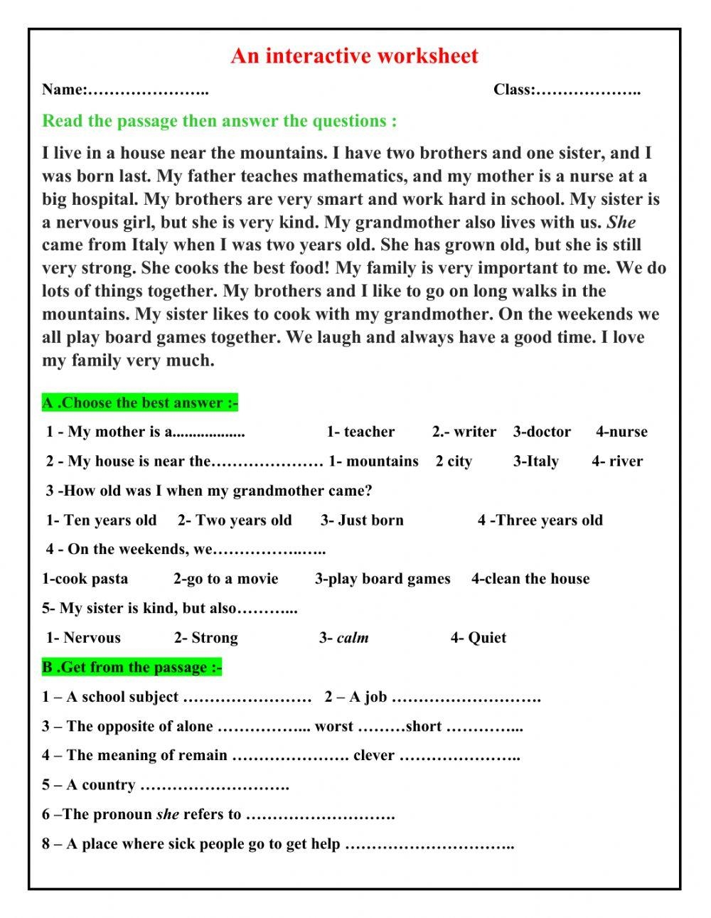 Reading Comprehension Worksheet 8th Grade