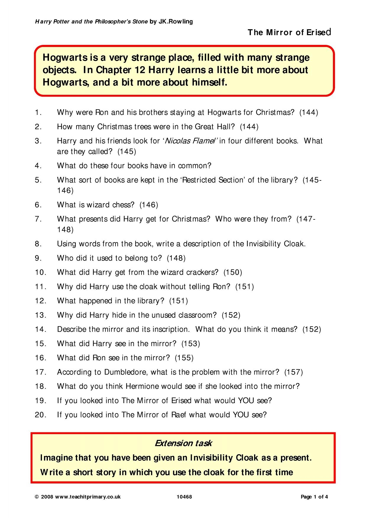 Reading Comprehension Worksheets Harry Potter