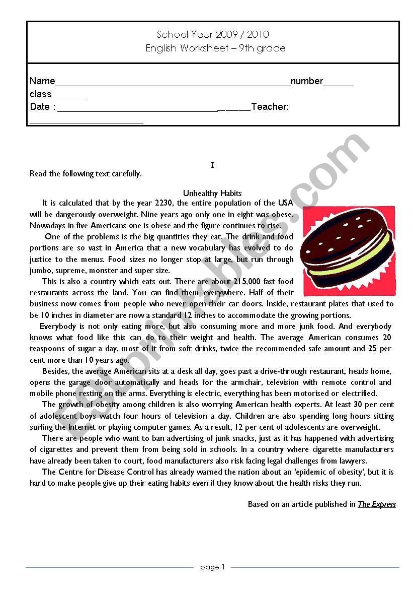 Healthy Eating Reading Comprehension ESL Worksheet By Mmsilva