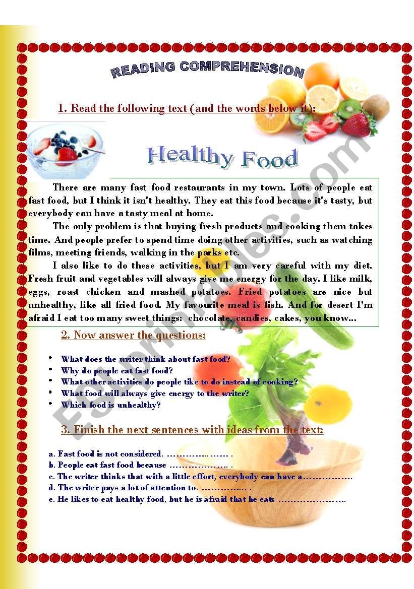 Healthy Food ESL Worksheet By Mayday
