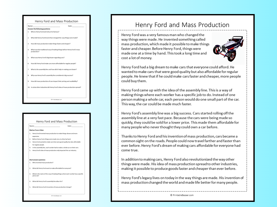 Henry Ford And Mass Production Reading Comprehension Passage 