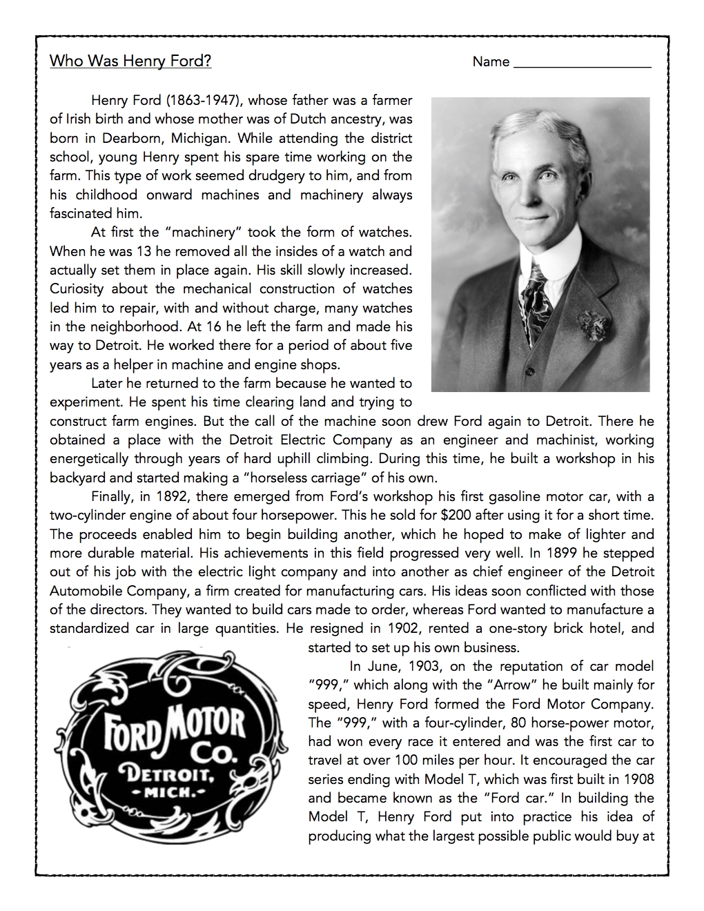 Henry Ford Reading Comprehension Passage And Assessment Classful