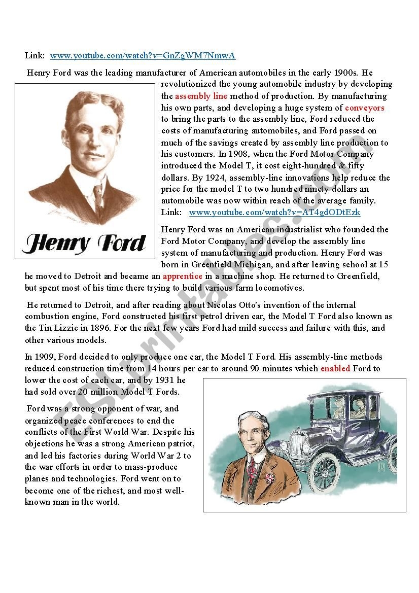 Henry Ford Reading Passage And Comprehension Worksheets 