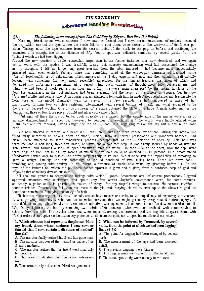 High Level Advanced Reading Exam ESL Worksheet By Yasseralsaoud 