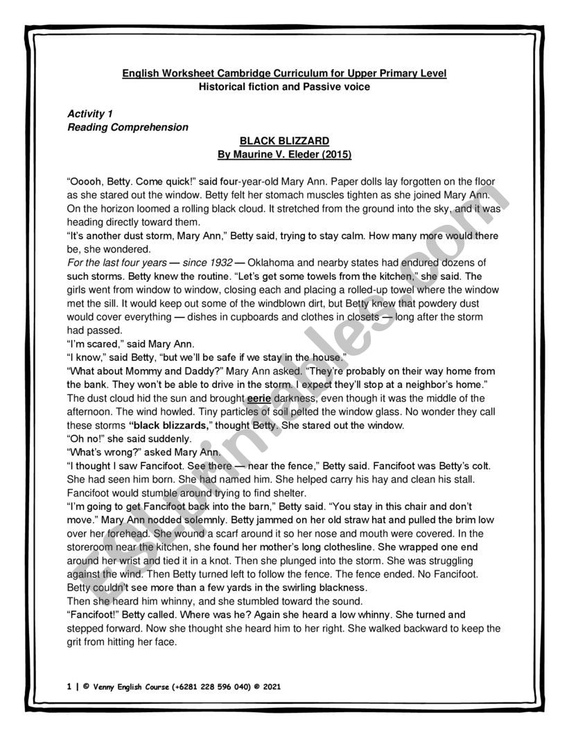 Historical Fiction Black Blizzard And Passive Voice Simple Present And Past Tense Worksheet ESL Worksheet By Vampireluph