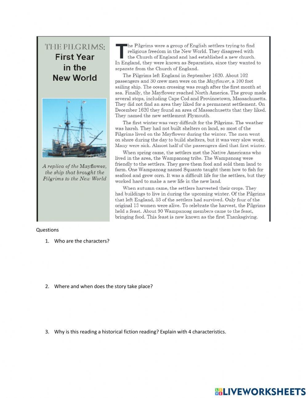 Historical Fiction Reading Comprehension Worksheets