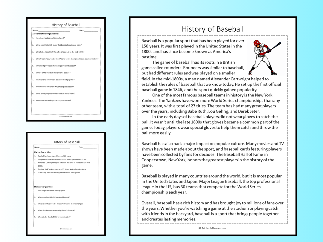 History Of Baseball Reading Comprehension Passage Printable 