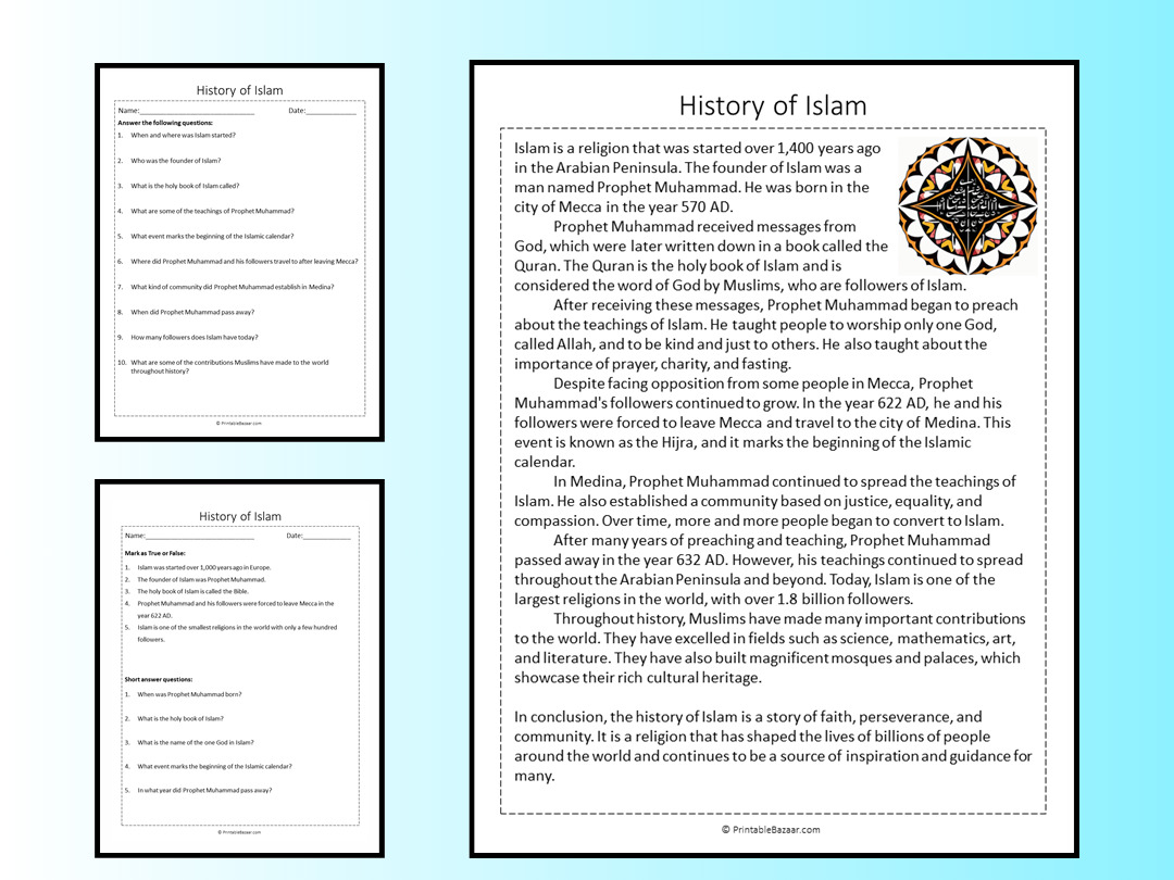 History Of Islam Reading Comprehension Passage Printable Worksheet Teaching Resources