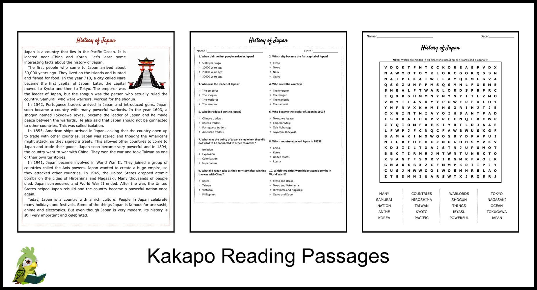 History Of Japan Reading Comprehension And Word Search Teaching Resources