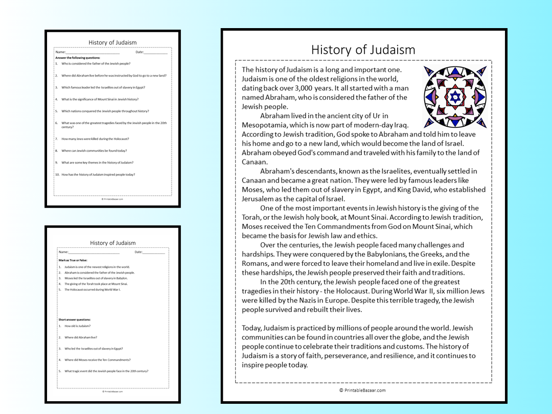 History Of Judaism Reading Comprehension Passage Printable Worksheet Teaching Resources