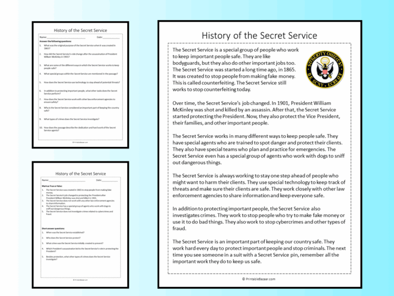 History Of The Secret Service Reading Comprehension Passage Printable Worksheet Teaching Resources