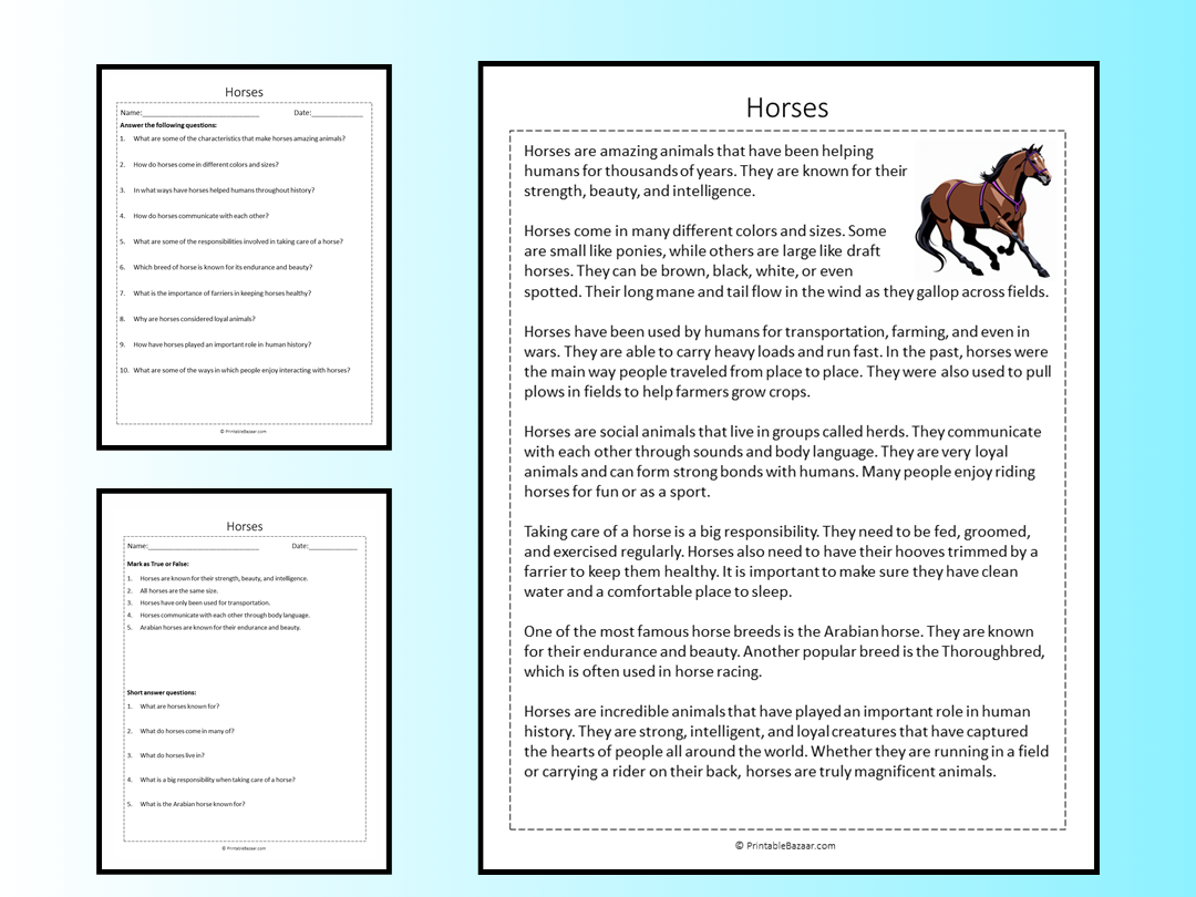 Horses Reading Comprehension Passage Printable Worksheet Teaching Resources
