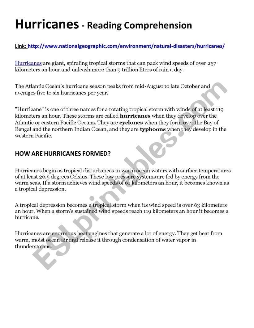 Hurricanes Reading Comprehension ESL Worksheet By Borotraj