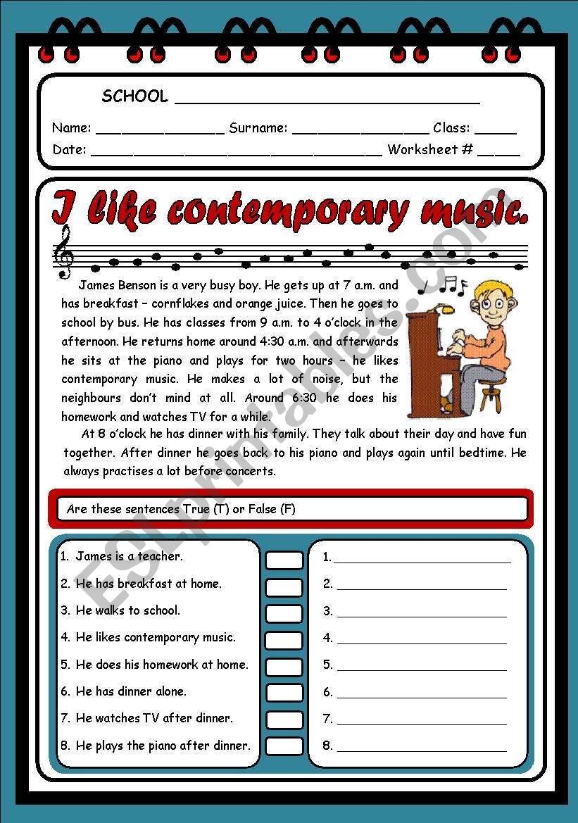 I LIKE CONTEMPORARY MUSIC READING U0026 COMPREHENSION 2 PAGES ESL Worksheet By Evelinamaria