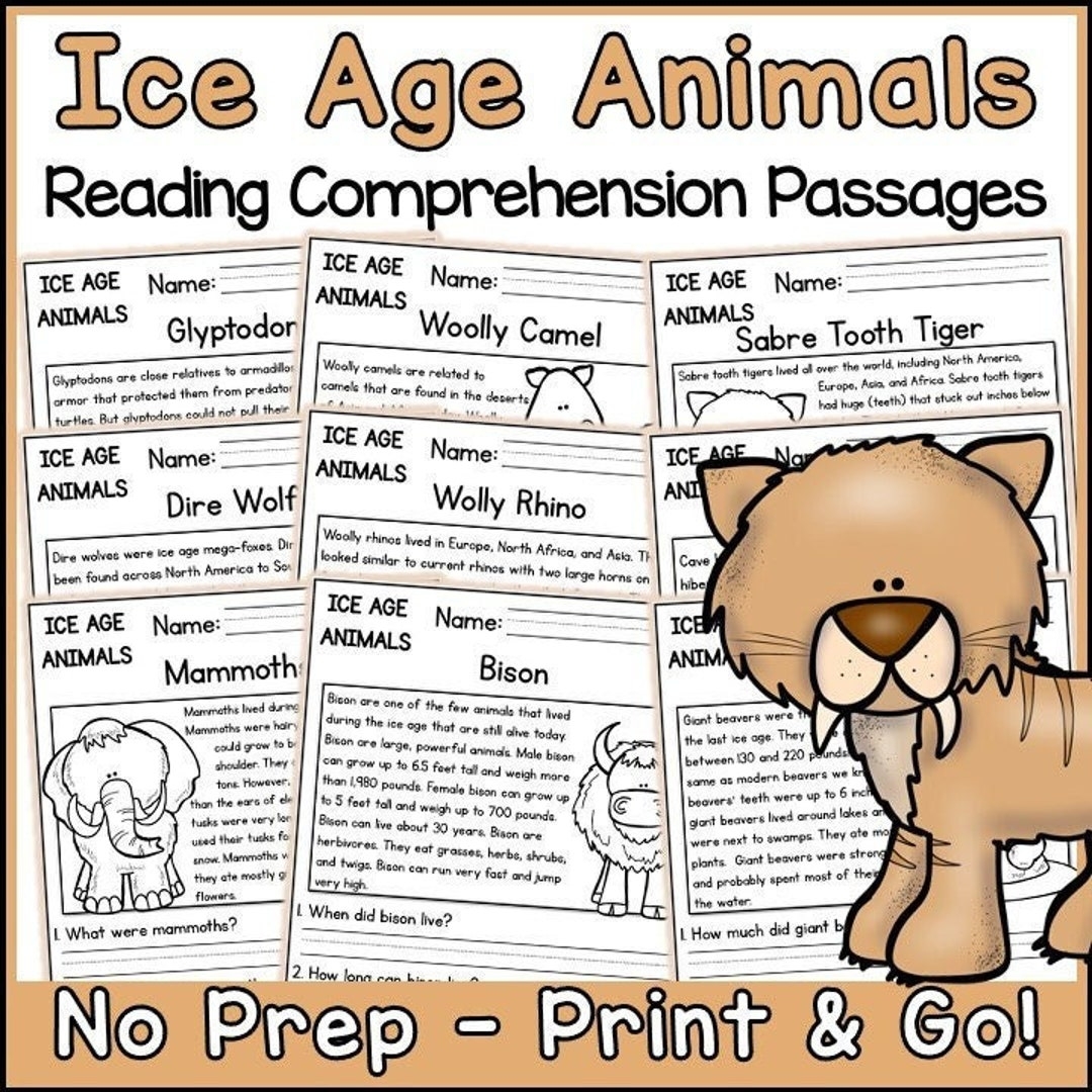 Ice Age Animals Reading Comprehension Passages And Questions Science Printable Worksheets Etsy