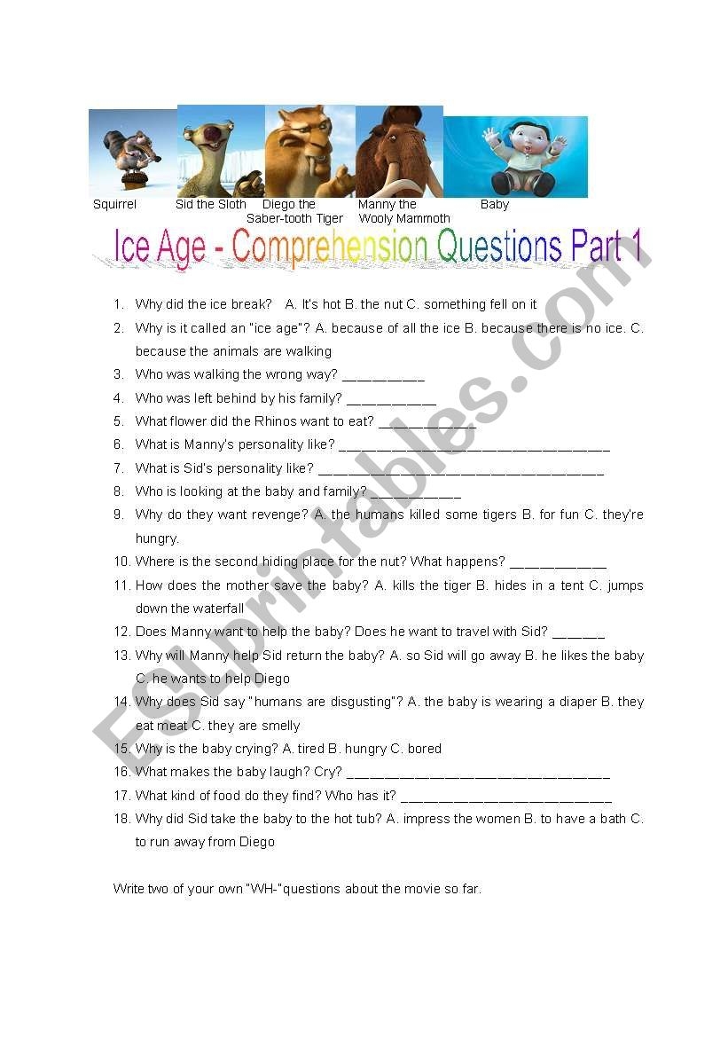 Ice Age Movie View Comprehension Questions Part 1 ESL Worksheet By Shanna83