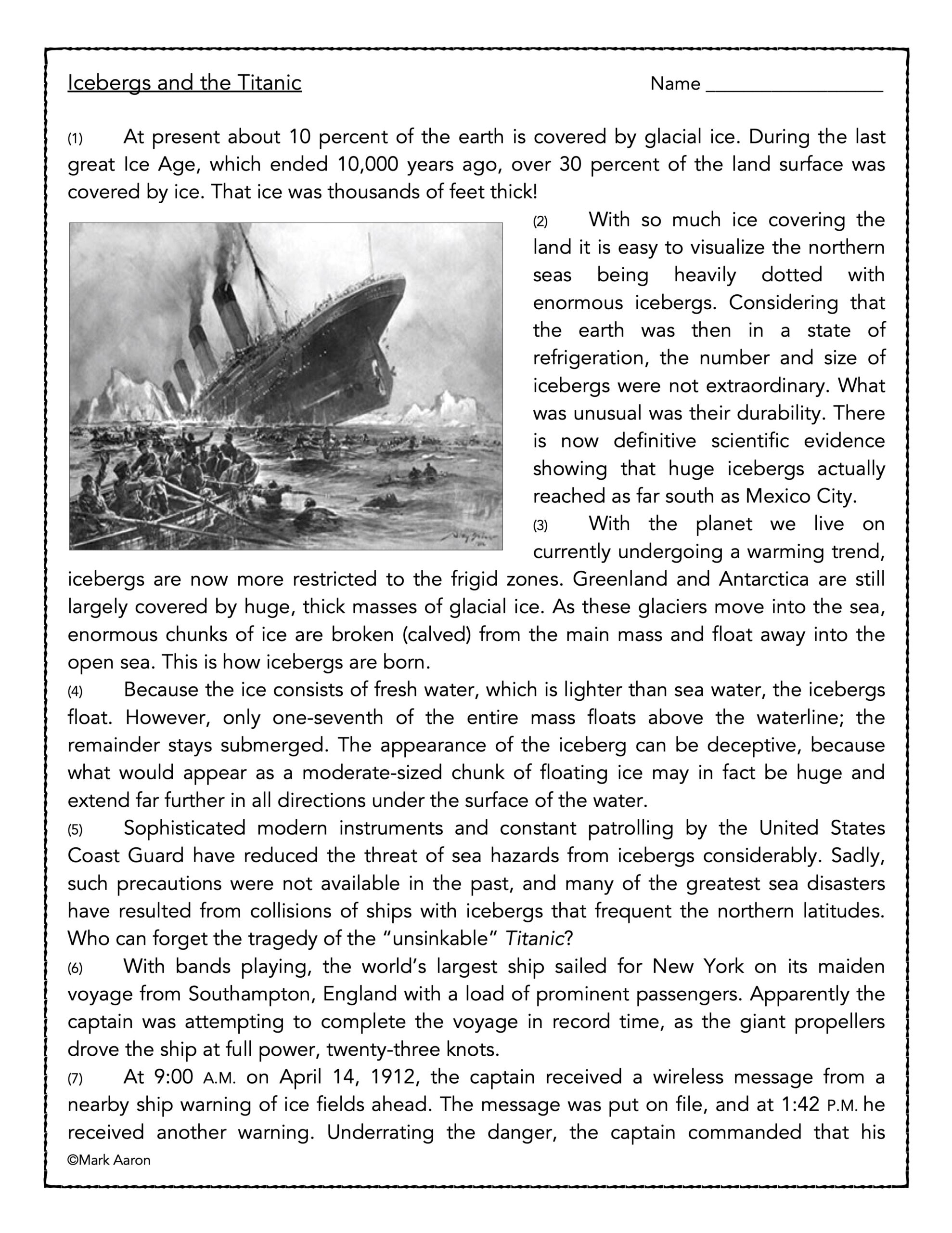 Icebergs And The Titanic Reading Comprehension Passage And Assessment Classful