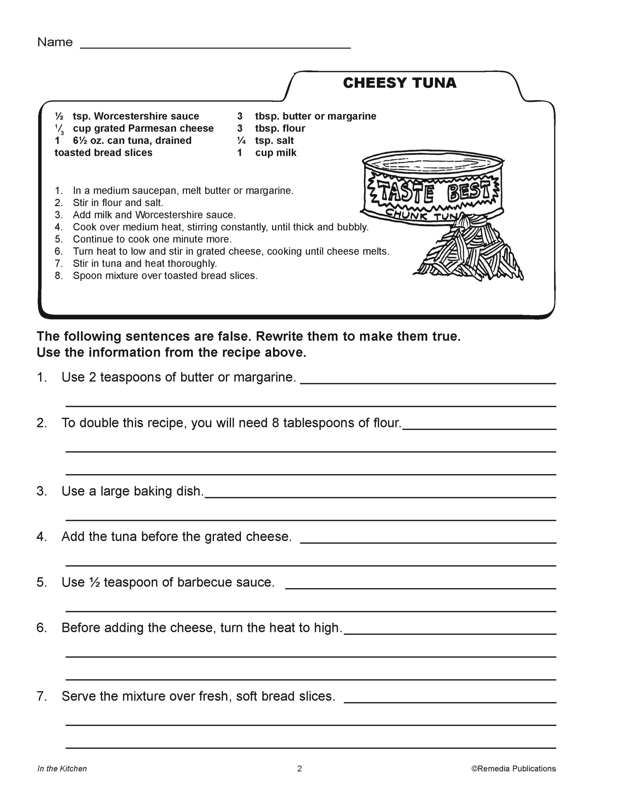 Recipe Reading Comprehension Worksheets Pdf