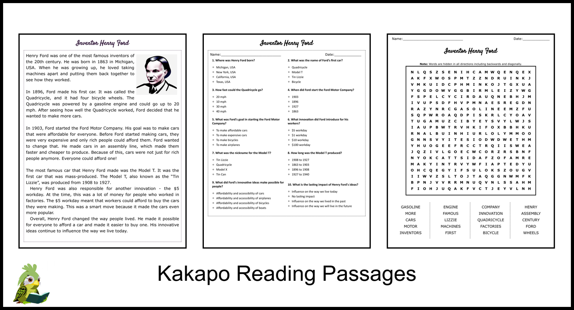 Inventor Henry Ford Reading Comprehension And Word Search 