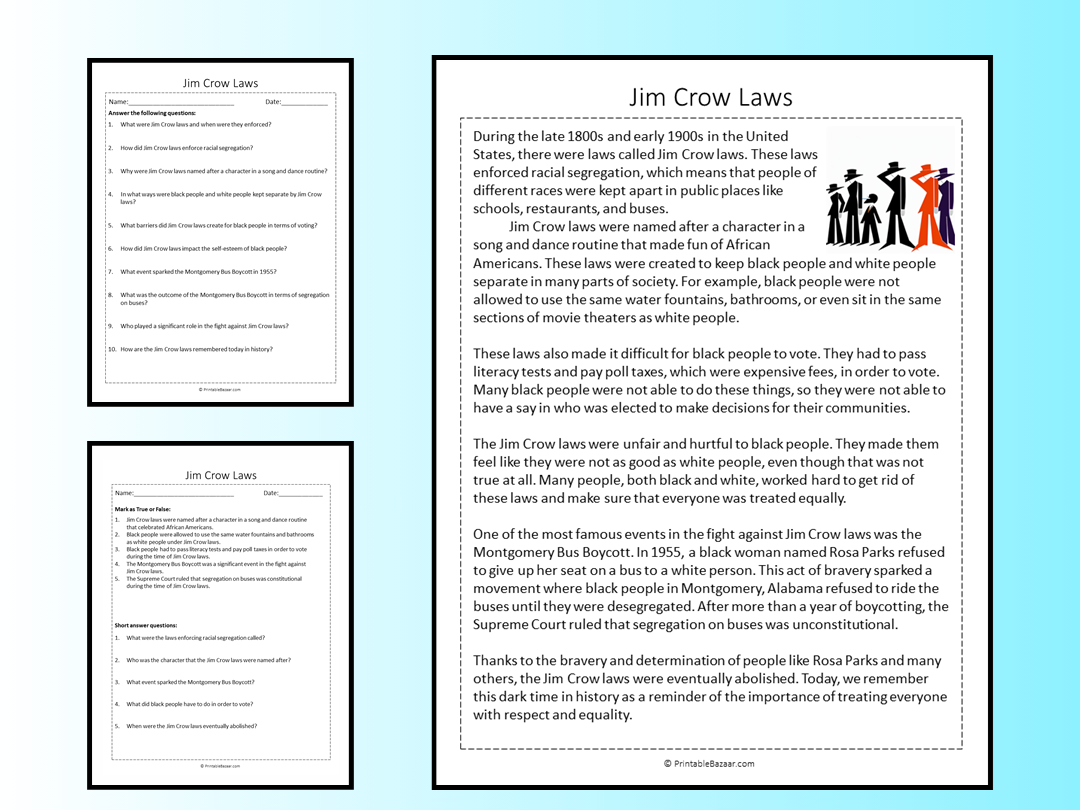 Jim Crow Laws Reading Comprehension Passage Printable Worksheet 
