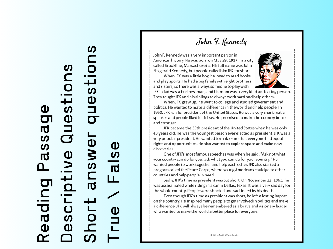 John F Kennedy Biography Reading Comprehension Passage Printable Worksheet PDF Teaching Resources
