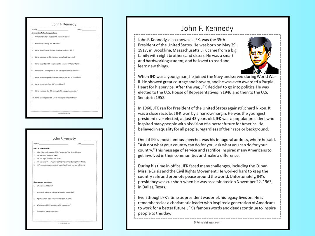 John F Kennedy Reading Comprehension Passage Printable Worksheet Teaching Resources