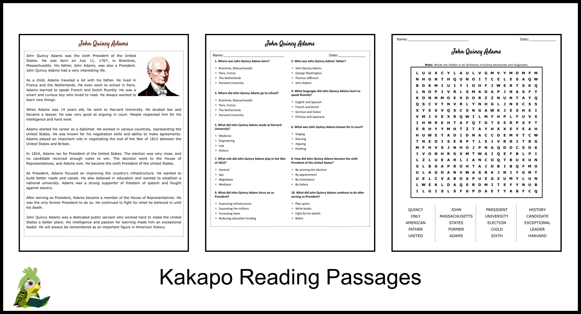 John Quincy Adams Reading Comprehension And Word Search Teaching Resources