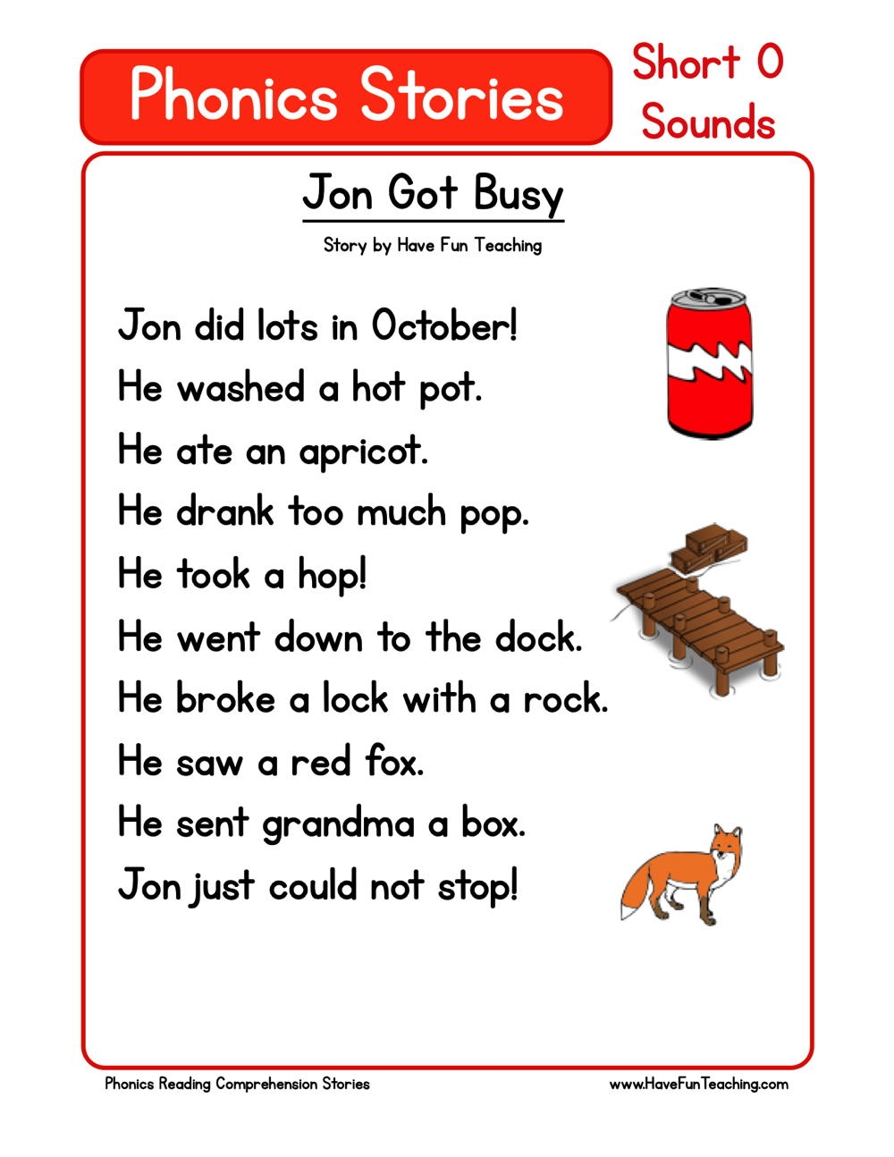 Jon Got Busy Phonics Reading Comprehension Story Worksheet Short 