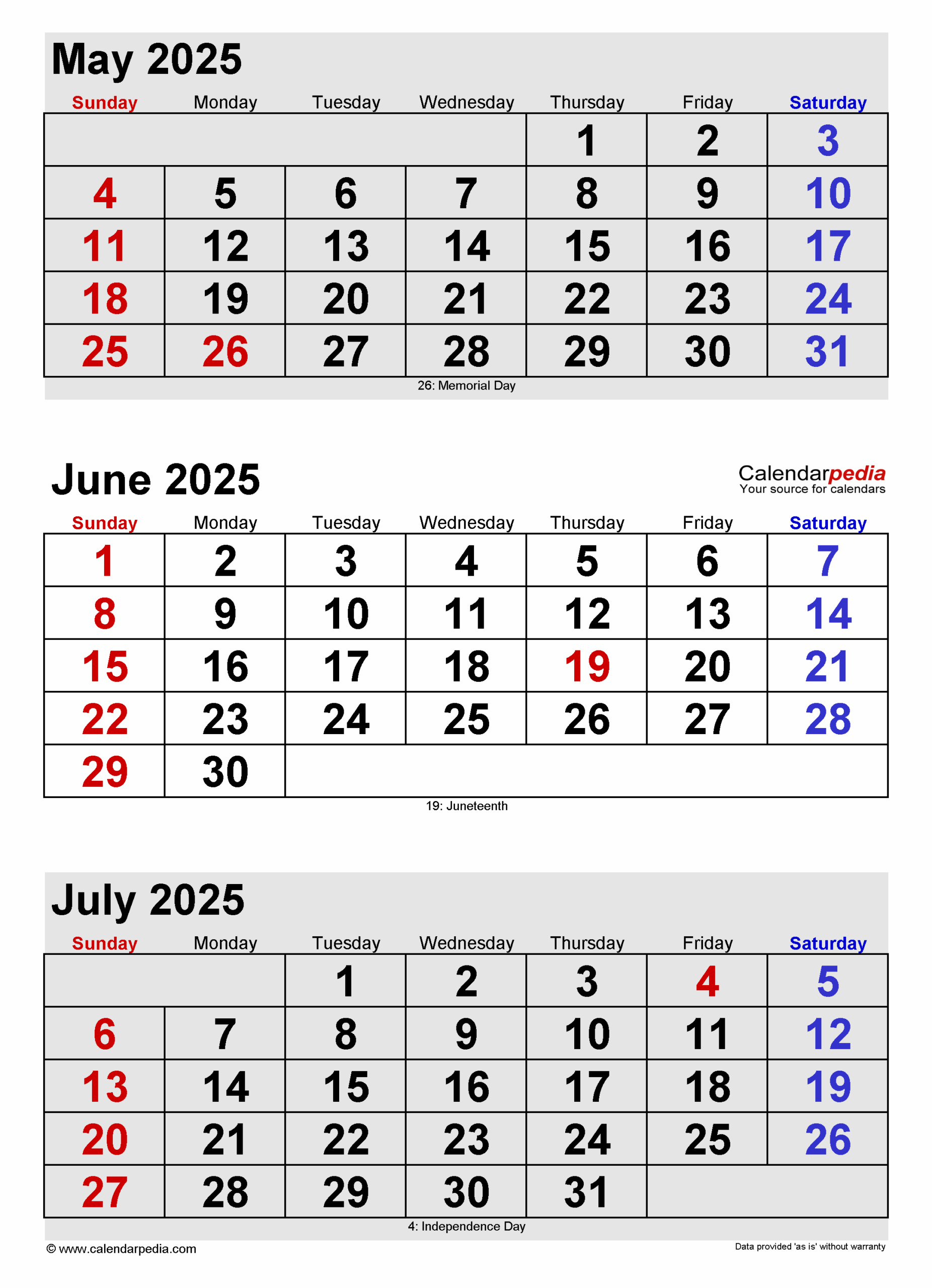 May June And July 2025 Calendar Printable