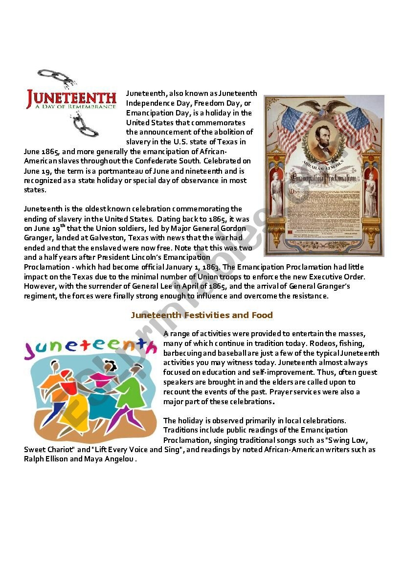 Juneteenth Day ESL Worksheet By Snaz71