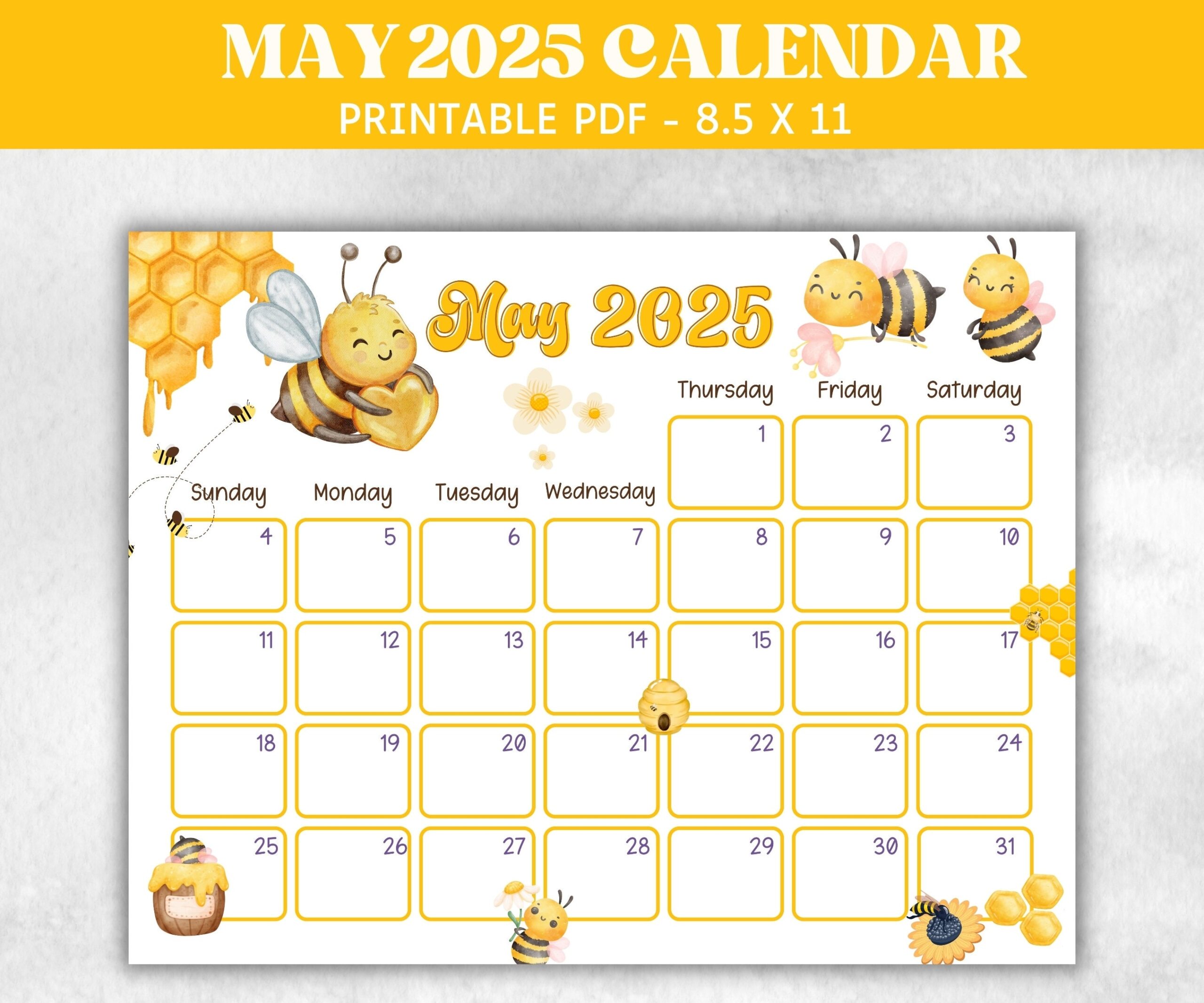 Kids May 2025 Calendar Printable 2025 Calendar Homeschool Preschool Calendar Board Childrens Monthly Planner Honey Bee Floral Calendar Etsy