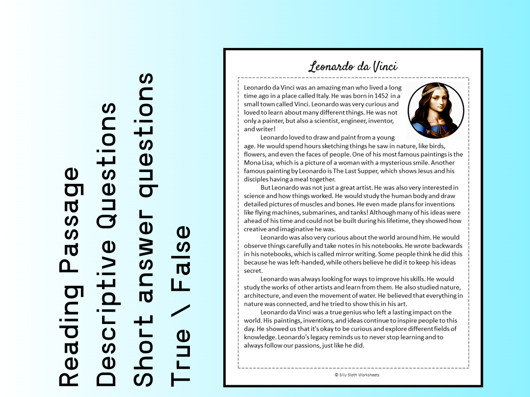 Leonardo Da Vinci Biography Reading Comprehension Passage Printable Worksheet PDF Teaching Resources