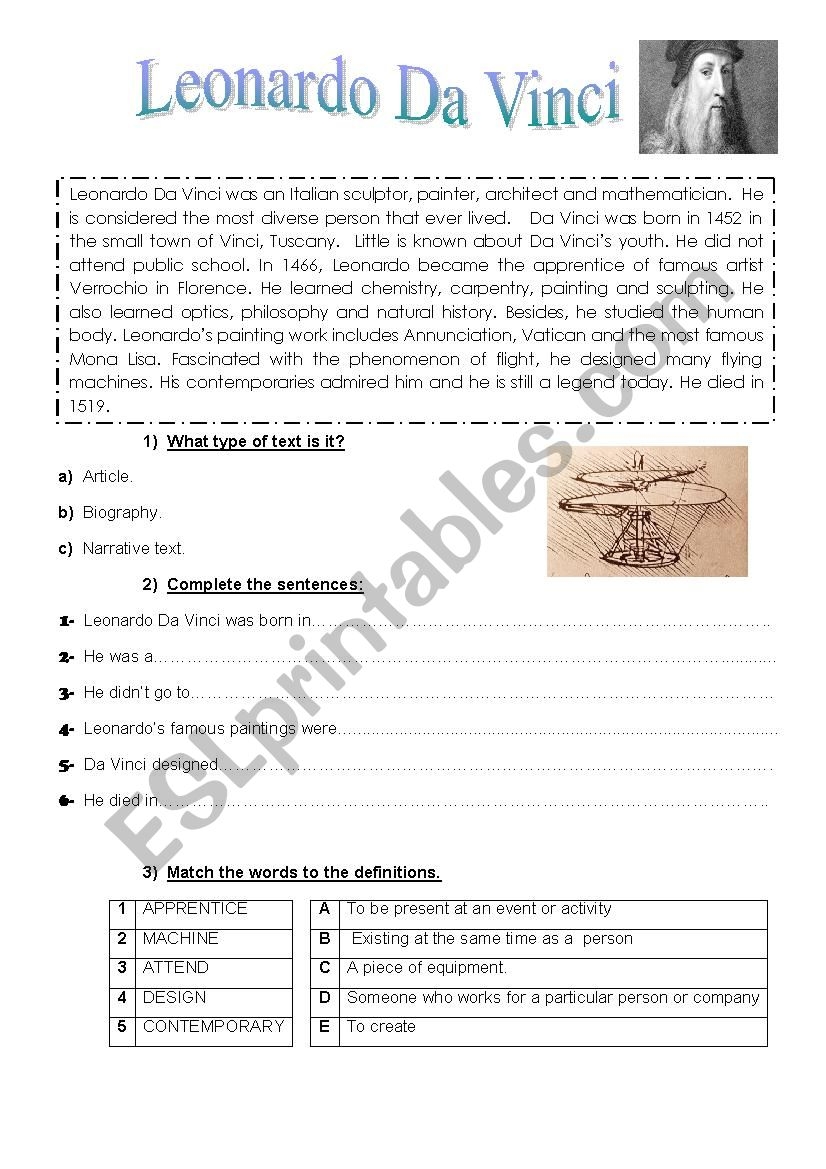 Leonardo Da Vinci ESL Worksheet By Anto11