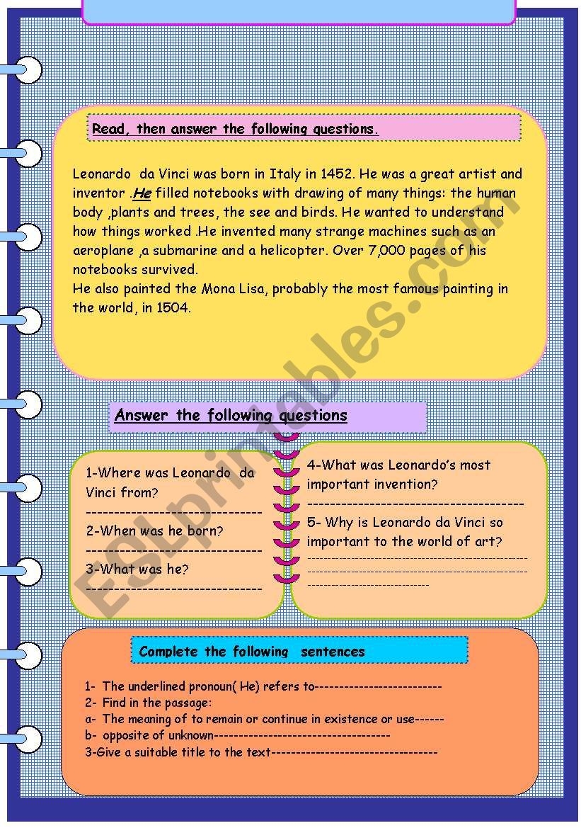 Leonardo Da Vinci Reading Comprehension ESL Worksheet By Najati
