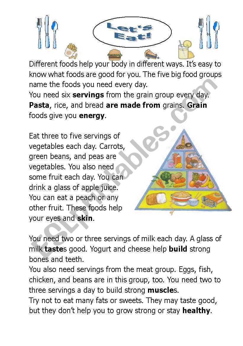 Let s Ea A Reading Comprehension About Health And Food ESL 