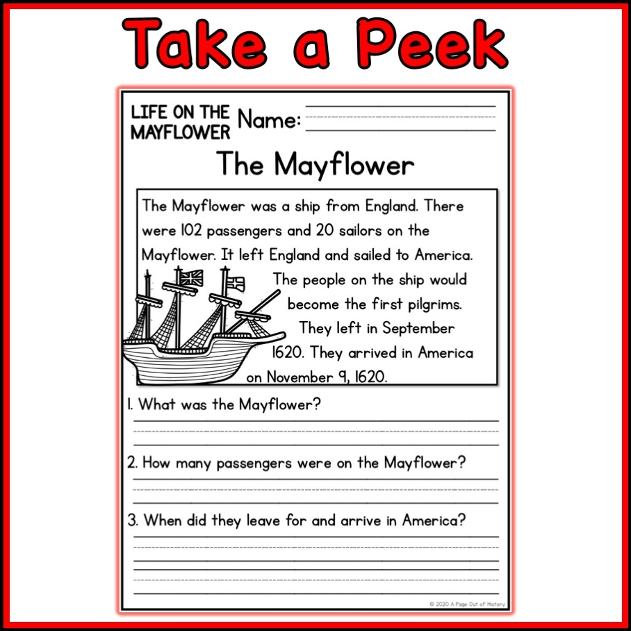 Life On The Mayflower Social Studies Reading Comprehension Passages K 2 Made By Teachers