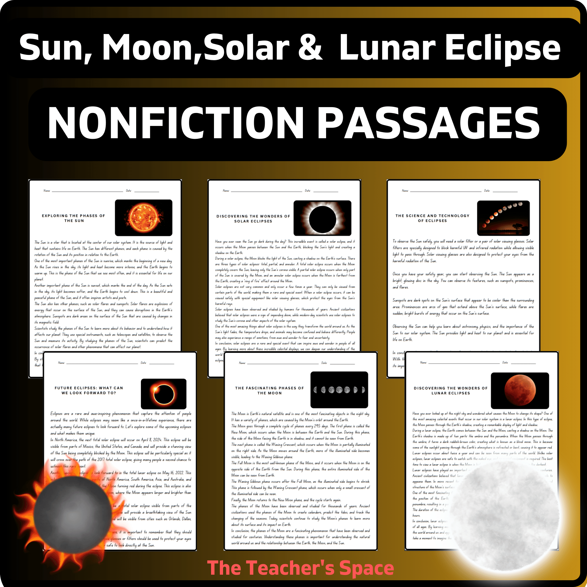 Lunar Solar Eclipse Sun Moon Phases Reading Comprehension Passages 