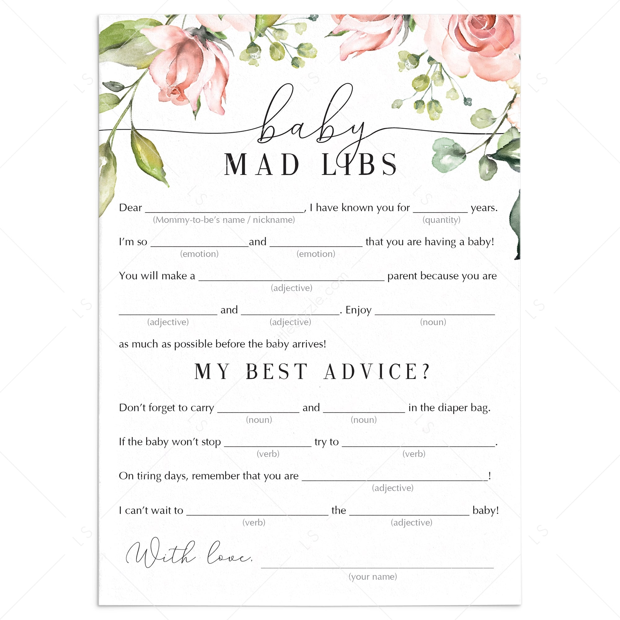 Mad Libs Funny Baby Shower Advice Card Printable Floral Instant Worksheets Library