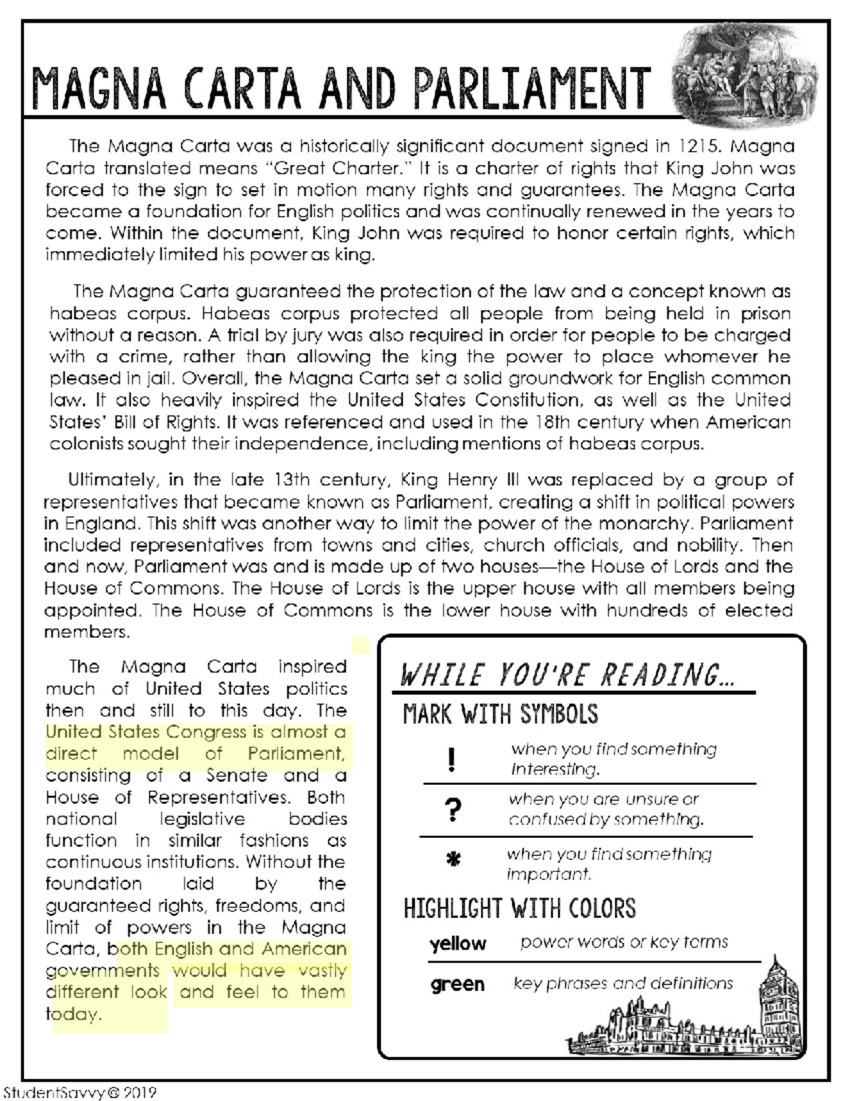 Magna Carta Reading Comprehension Worksheet