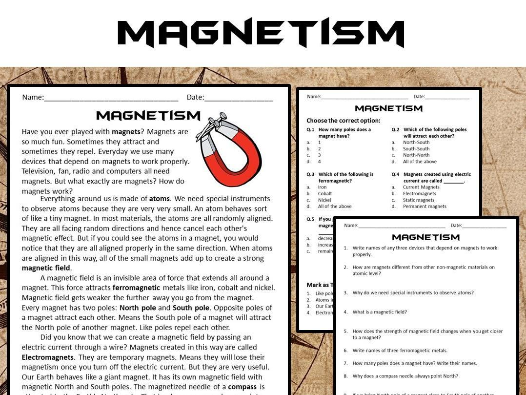 Magnetism Reading Comprehension Passage And Questions PDF Teaching Resources