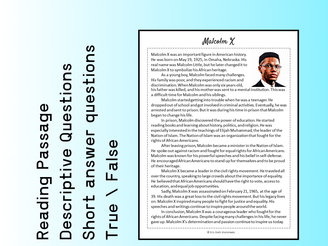 Malcolm X Biography Reading Comprehension Passage Printable Worksheet PDF Teaching Resources