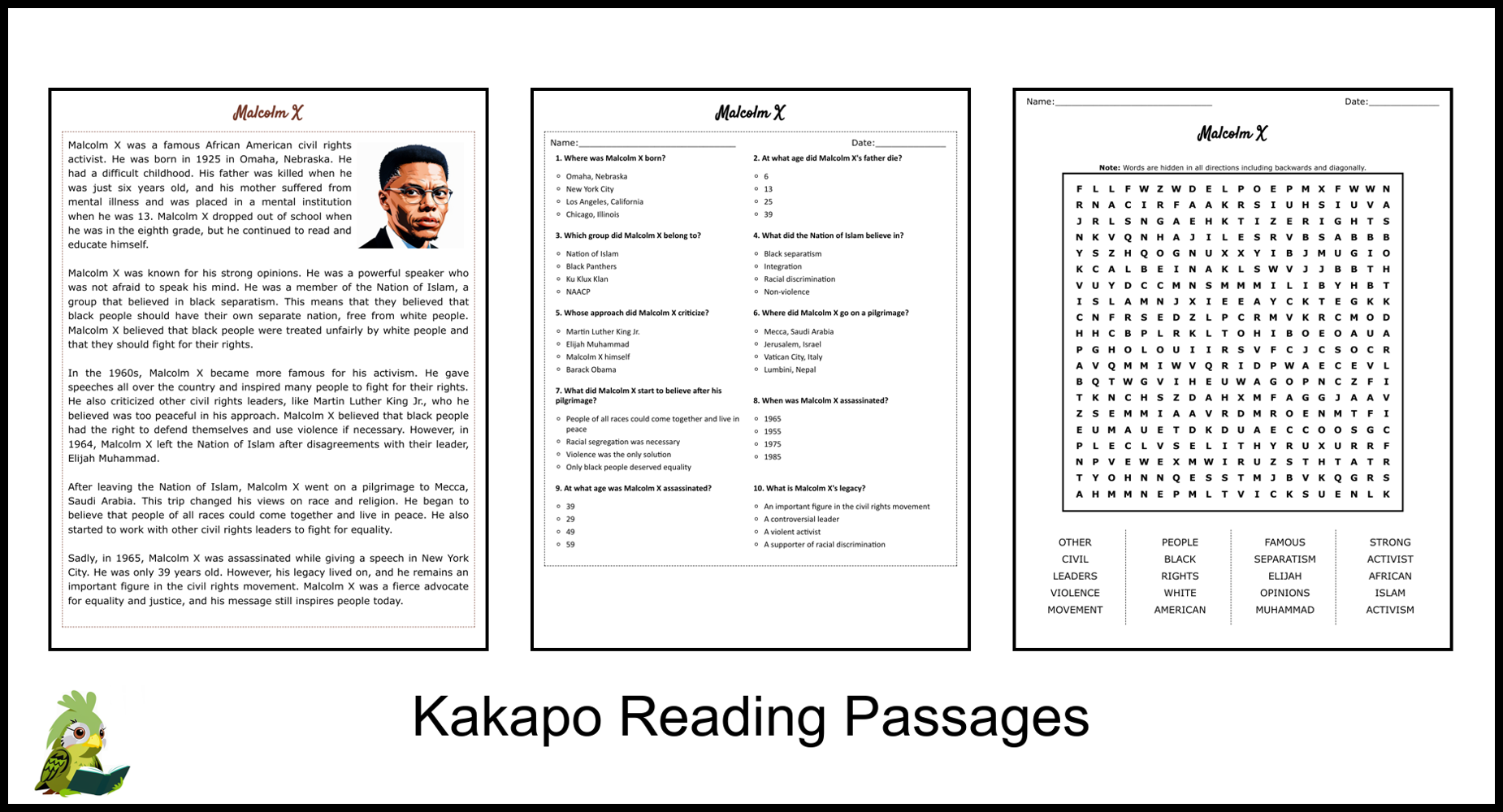 Malcolm X Reading Comprehension And Word Search Teaching Resources
